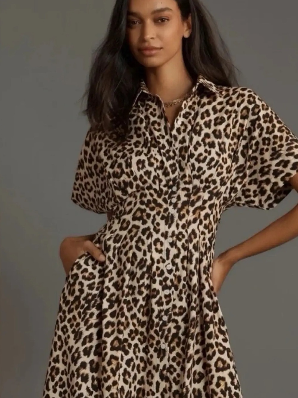 Anthropologie Exquise Tobie Leopard Print Button-Front Shirt Dress XS Turkey